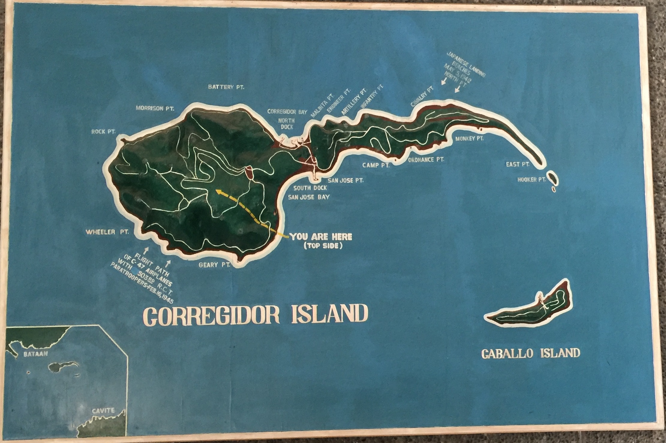 The tadpole shape of Corregidor island.